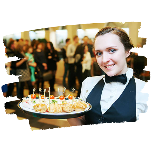 event wait staff holding plate of food